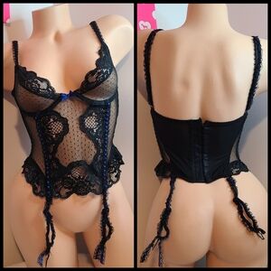 VTG Jezebel Sexy Sheer Lace Mesh Colorblock Garter Corset Top Size Sm